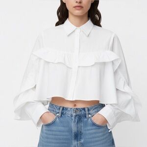 Zara White Cotton Cropped Blouse Ruffle Batwing Poncho Top XS